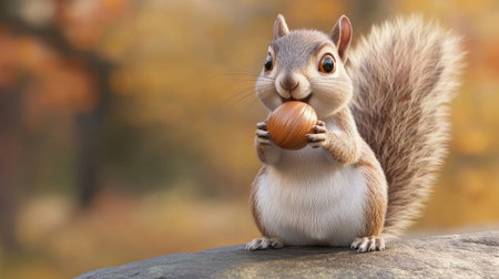 A close-up of a squirrel holding a hazelnut with its paws, sitting contentedly on a rock.の素材