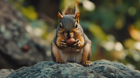 A close-up of a squirrel holding a hazelnut with its paws, sitting contentedly on a rock.の素材