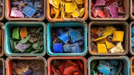 A detailed shot of recycled plastic containers, broken into pieces, emphasizing texture and reusability.の素材