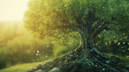 A concept of a digital tree with circuits and leaves intertwined, symbolizing the blend of digital technology with natural growth.の素材