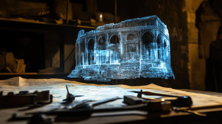 A holographic AI model projecting ancient ruins over a physical map, surrounded by excavation tools.の素材