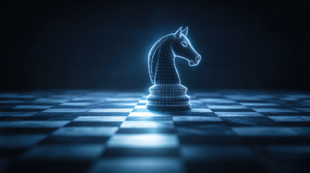 A radiant chessboard with a glowing knight piece, symbolizing key moves in development strategy.の素材