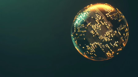 A luminous AI sphere with radiating circuitry forming dynamic upward trends in a sleek gradient void.の素材