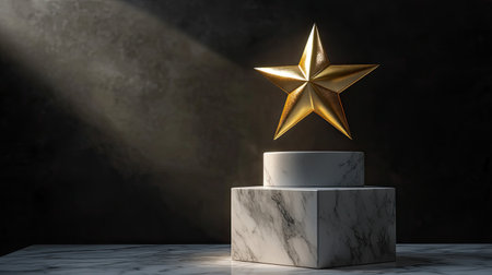 A golden star trophy placed on a minimalist marble podium under spotlight.の素材