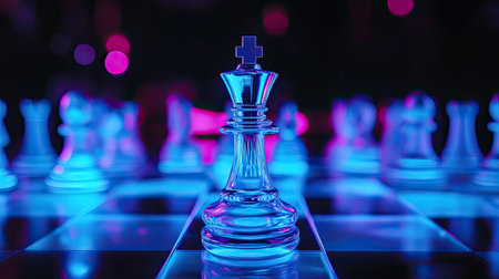 A radiant chess knight piece on a glowing board, symbolizing strategic advantage in business.の素材