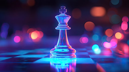 A radiant chess knight piece on a glowing board, symbolizing strategic advantage in business.の素材