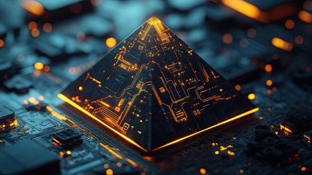 Floating D pyramid with illuminated circuits symbolizing AI progression. Gradient background with dark tech vibes.の素材