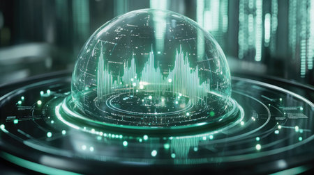 A holographic AI dashboard with upward trend graphs and luminous business charts in a futuristic design.の素材