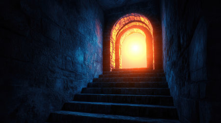 A staircase leading into a bright light, symbolizing climbing toward success.の素材