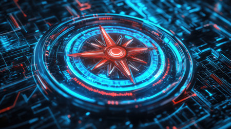 Glowing compass overlaying a futuristic map, symbolizing direction and business strategy.の素材