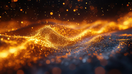 Abstract bokeh lights in golden hues on a blurred dark background. Dreamy and festive for elegant layouts.の素材