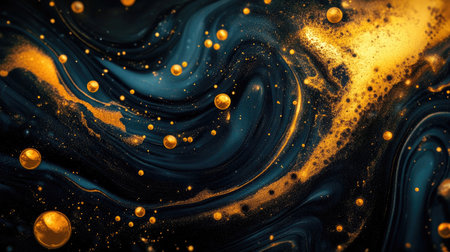 Abstract texture of liquid marble in gold and black, with swirling patterns and shimmering highlights. Luxurious and elegant.の素材