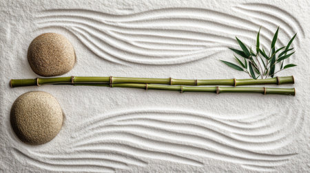 Abstract view of a tranquil zen garden featuring a single bamboo stalk resting on fine white sand.の素材