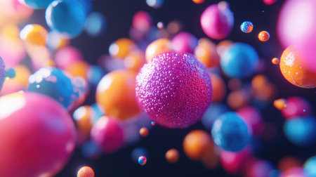 AI-rendered particle swirls with glowing orbs in vibrant colors against a black void.の素材