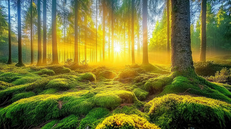 A misty forest at dawn, with soft sunlight filtering through fog, casting a warm glow over moss-covered rocks and trees, creating a calming and expansive nature background.の素材