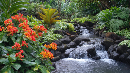 A lush jungle with dense green foliage, tropical plants, and a narrow stream winding through, creating an exotic and vibrant nature scene.の素材