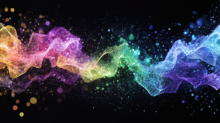 Dynamic flow of light and color resembling AI data visualization in gradients of purple, green, and cyan.の素材