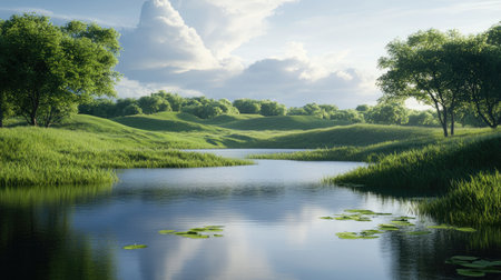 A tranquil lake surrounded by rolling hills and green trees, with soft clouds in the sky, creating a peaceful and spacious nature setting.の素材