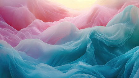Dynamic liquid art featuring vibrant waves of teal and magenta flowing into one another, with smooth gradient transitions.の素材