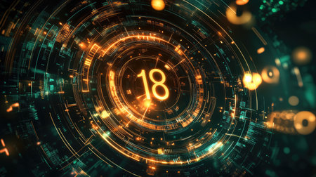 Digital AI matrix with cascading glowing numbers and geometric designs on a dark green background.の素材