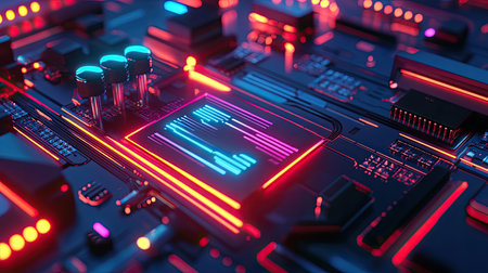 Iridescent metallic surface with glowing AI-inspired patterns shifting with light.の素材