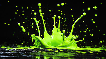 Liquid-like splashes of neon green and electric blue blending into dark shadows, creating a vibrant and dramatic contrast.の素材