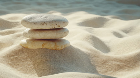 Natural stone arrangement on soft sand with light shadows forming harmonious balance in a zen aesthetic.の素材