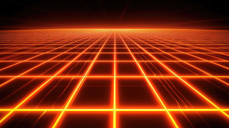 A futuristic D grid glowing faintly against a deep, shadowy surface.の素材