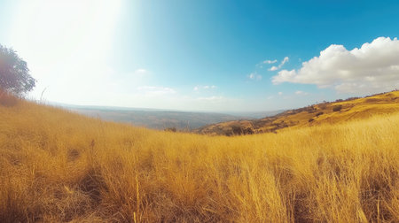 A panoramic view of a golden field of tall grass with a distant horizon under a blue sky, offering a serene and expansive nature background.の素材