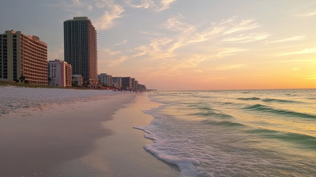 A calm beach at sunrise, with soft pastel colors in the sky reflecting on the water, and gentle waves lapping the shore, offering a serene and peaceful backdrop.の素材