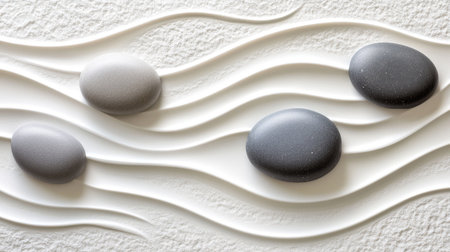 A natural zen background with smooth gray stones, surrounded by delicate ripples in white sand.の素材