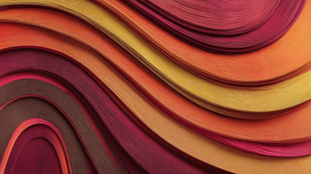 A stunning abstract background featuring colorful wavy layers of paper in warm shades of orange, red, and yellow, perfect for artistic projects and creative designs.の素材