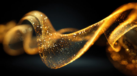 This stunning abstract image features a golden wave with sparkling particles set against a dark background. Perfect for artistic and creative projects, this design is a visual delight.の素材