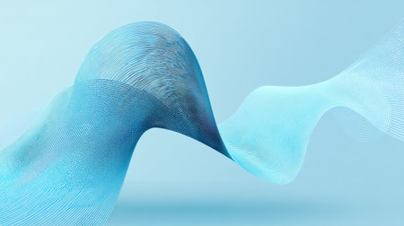 This abstract background features flowing blue waves with delicate lines and a soft gradient, ideal for technology and digital media applications or creative designs.の素材
