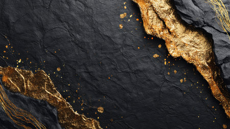 This stunning black textured background features intricate gold accents and splashes, perfect for luxury design projects, presentations, and creative applications.の素材