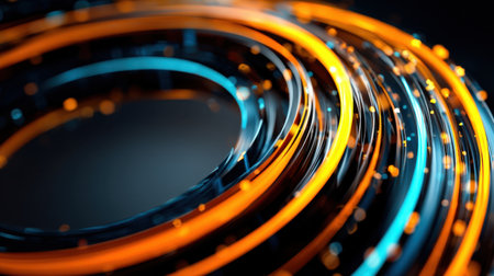 Explore a stunning visual of blue and orange light trails swirling in dynamic circular patterns against a dark backdrop, creating an energetic and captivating abstract design.の素材