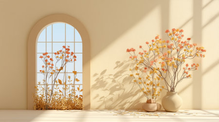 A charming interior scene featuring delicate flower arrangements in serene pastel tones, enhanced by warm sunlight streaming through a stylized window.の素材