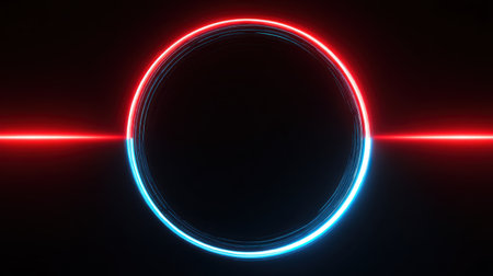 Abstract image featuring a neon circle illuminated by striking red and blue light effects against a dark background, perfect for modern design projects and creative works.の素材