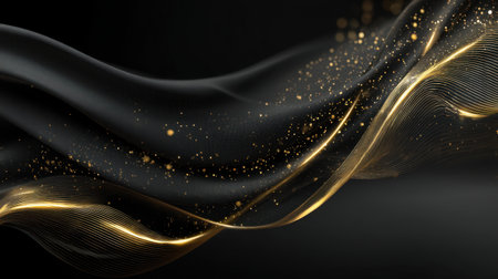 Discover an abstract composition of gracefully flowing fabric with shimmering gold particles, creating an elegant atmosphere on a dark backdrop. Perfect for various artistic applications.の素材
