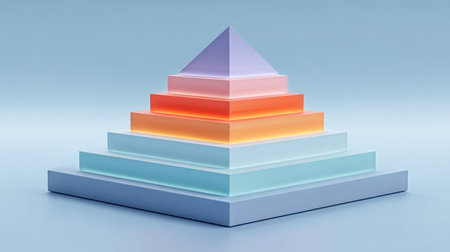 A visually striking 3D pyramid structure featuring layered geometric shapes and a smooth gradient color palette, set against a soft blue background, ideal for modern design.の素材