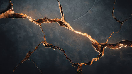A captivating textured background featuring a cracked surface with glowing golden veins, providing a unique and striking visual ideal for various creative projects and designs.の素材