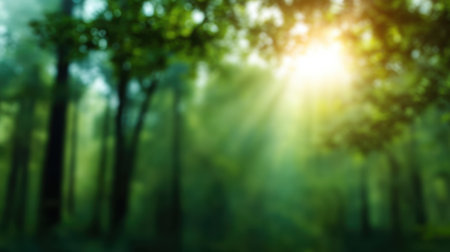 Ethereal sunlight shines through trees in a tranquil forest, creating a serene atmosphere that invites you to explore nature's beauty and refresh your mind.の素材