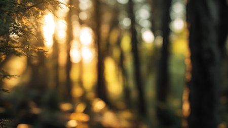 A captivating view of a serene forest captured during golden hour, featuring soft light shining through tree trunks, creating a tranquil, dreamy atmosphere.の素材
