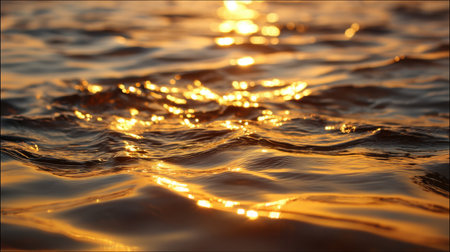 A mesmerizing view of golden light dancing on the surface of calm water at sunset, capturing the enchanting beauty of nature and creating soothing textures.の素材