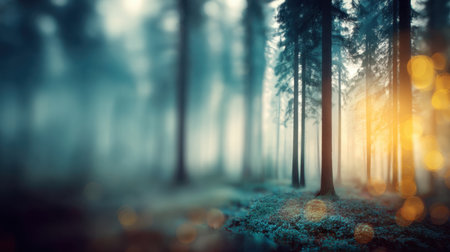 This enchanting forest scene features tall trees surrounded by mist and soft glowing lights. Perfect for evoking feelings of tranquility and connection with nature.の素材