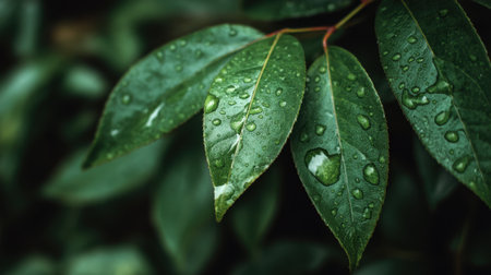 Capture the essence of nature with these lush green leaves adorned with glistening water droplets, creating a refreshing natural scene. Perfect for organic themes.の素材