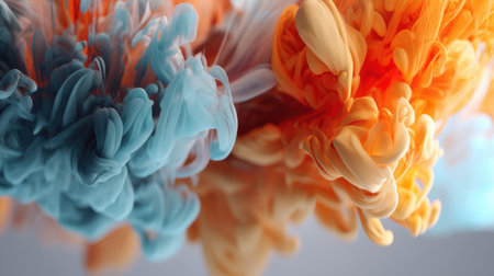 This mesmerizing abstract image features colorful ink swirling in water, showcasing vibrant hues of blue, orange, and yellow that create an engaging visual experience.の素材