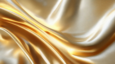 This image features a luxurious golden silk fabric with soft texture and beautiful waves, ideal for use in fashion design or elegant backgrounds in various projects.の素材