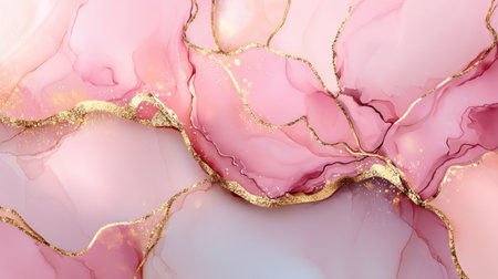This elegant abstract background showcases fluid art with soft pink tones and shimmering gold accents, ideal for creative projects and stylish decor accents.の素材