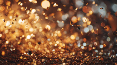 A mesmerizing display of shimmering gold and copper particles drifting through the air, creating a beautiful and festive atmosphere perfect for celebrations.の素材